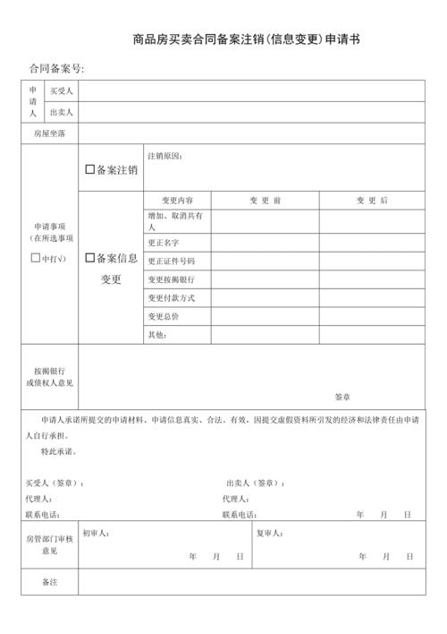 商品房买卖合同备案注销信息变更申请书新